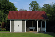 Large wooden summerhouse with apex-style red roof, double doors, canopy area on right side. Viewed from front. 