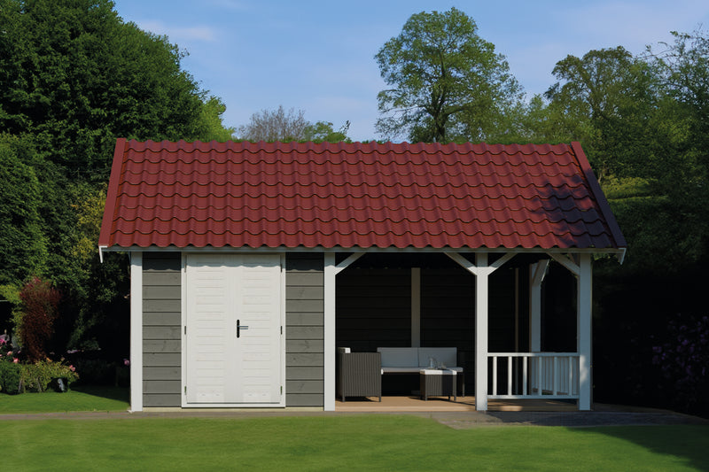 Large wooden summerhouse with apex-style red roof, double doors, canopy area on right side. Viewed from front. 