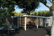 Wooden summerhouse with side door, large canopy area on left side. Viewed from left side.