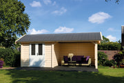 Large wooden summerhouse with double doors, canopy area on right side. Viewed from the front. 