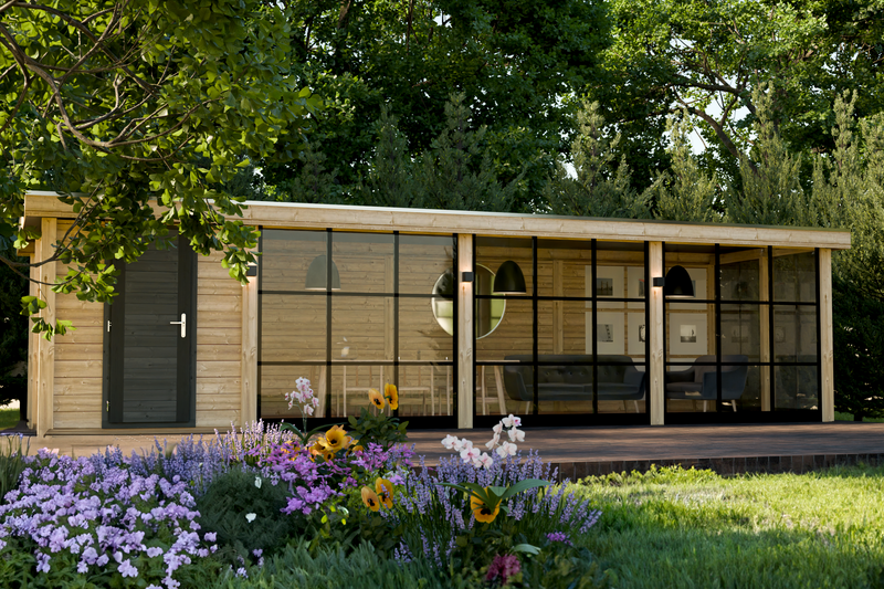 Large, wooden summerhouse with single door, large windows along the front. Viewed from the front. 