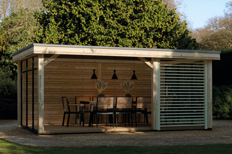 Large, gazebo with slatted pannels at front, side glass walls. Viewed from the front. 
