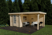Wooden summerhouse with single door, canopy area on right side. Viewed from front/right side. 