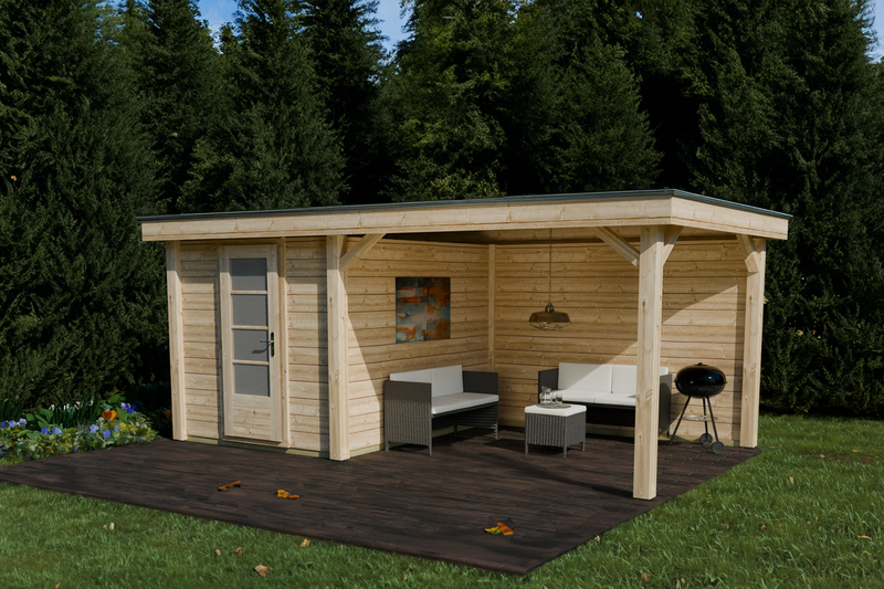 Wooden summerhouse with single door, canopy area on right side. Viewed from front/right side. 