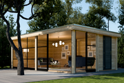Large, wooden summerhouse with large windows at front, large glass sliding doors. Viewed from front/right side. 