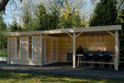 Wooden summerhouse with front windows, side double doors, canopy on right side. Viewed from front. 