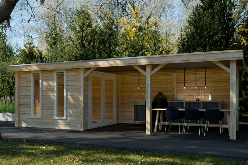 Wooden summerhouse with front windows, side double doors, canopy on right side. Viewed from front. 