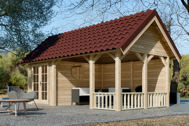 Large, wooden summerhouse with apex roof. double doors, red roof tiles, canopy on right side. Viewed from the right side. 