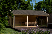 Large wooden gazebo with glass walls, apex-style roof. Viewed from the front. 