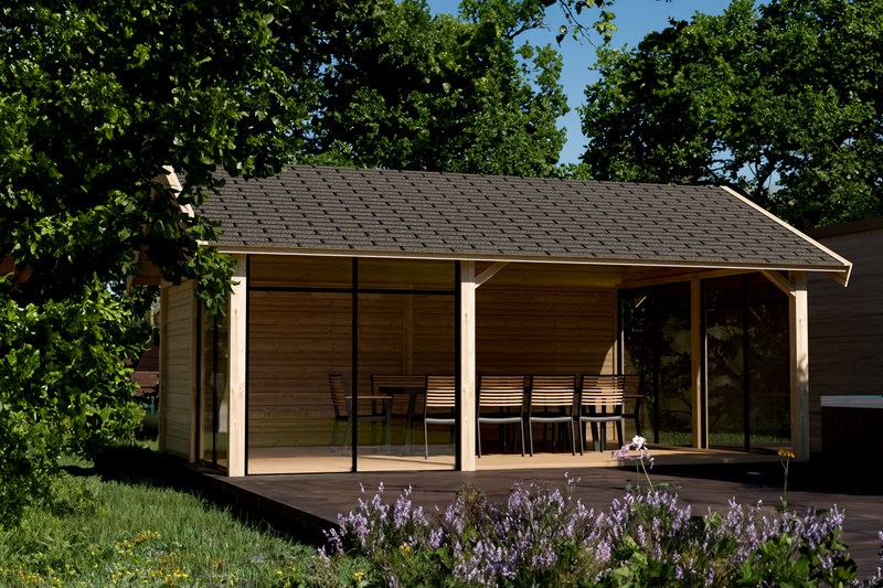 Large wooden gazebo with glass walls, apex-style roof. Viewed from the front. 