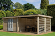 Large, wooden summerhouse with double doors, canopy area on right side with slatted panels. Viewed from the right side.
