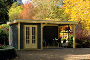 Wooden summerhouse with double doors, canopy area on right side. Viewed from front/left side. 