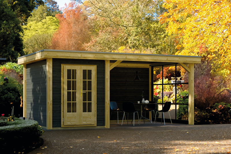 Wooden summerhouse with double doors, canopy area on right side. Viewed from front/left side. 