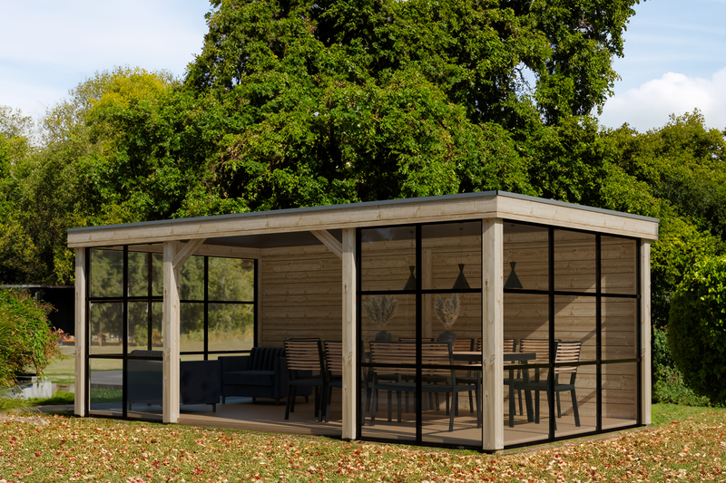 Large, wooden gazebo with glass walls. Viewed from front/right side.