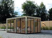 Large, open, wooden summerhouse with glass walls. Viewed from the front/right side. 