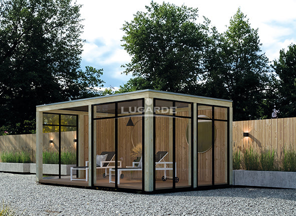 Large, open, wooden summerhouse with glass walls. Viewed from the front/right side. 