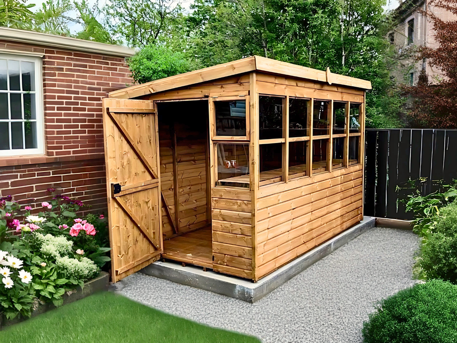 Lunar Potting Shed, in a natural timber finish with an open door, viewed from the right of the building