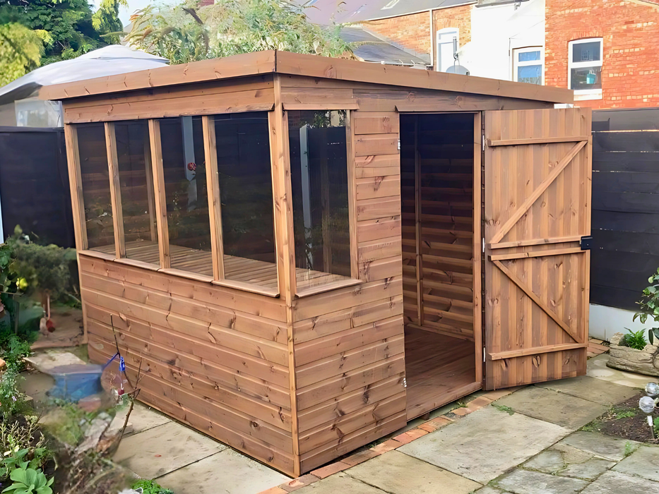 Lunar Potting Shed, in a natural timber finish with an open door, viewed from the left of the building
