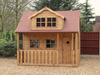Wooden playhouse with single door, 4 front windows, two levels and red roof. Viewed from the front. 