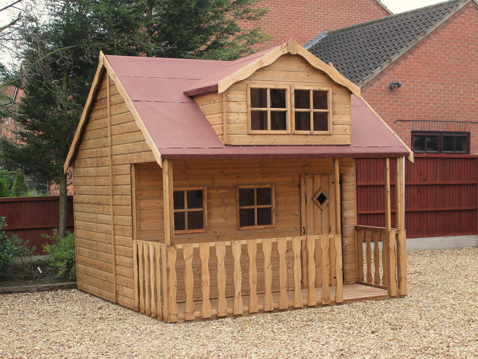 Wooden playhouse with 2 levels, red roof, single door, 4 front windows, viewed from front/left side.