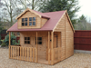 Wooden playhouse with red roof, 2 levels, single door, 4 front windows, viewed from front/right side. 