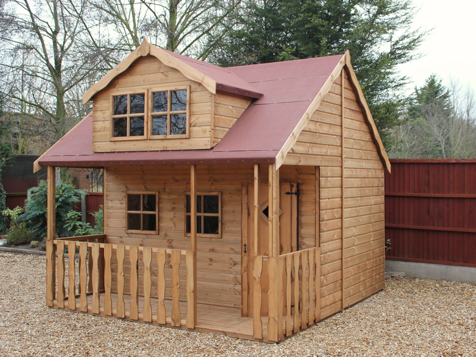 Wooden playhouse with red roof, 2 levels, single door, 4 front windows, viewed from front/right side. 