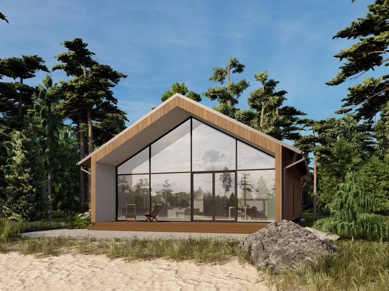 Maria residential log cabin on the beach, viewed from the front 