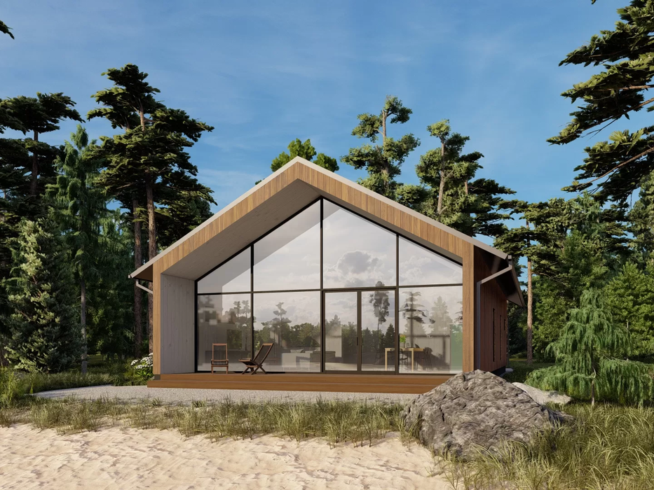 Maria residential log cabin on the beach, viewed from the front 