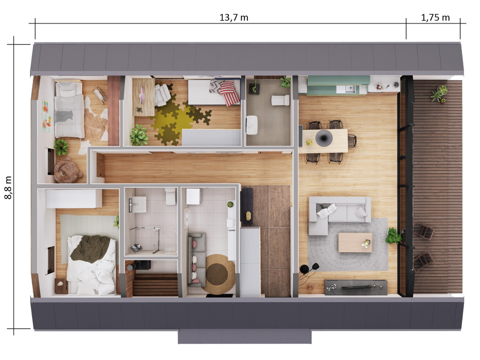 Maria residential log cabin floorplan with external measurements