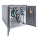 MiniGarage steel outdoor bike store in metallic dark grey finish, with added bike rail