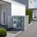 MiniGarage steel outdoor bike store in metallic silver finish outside of a modern house