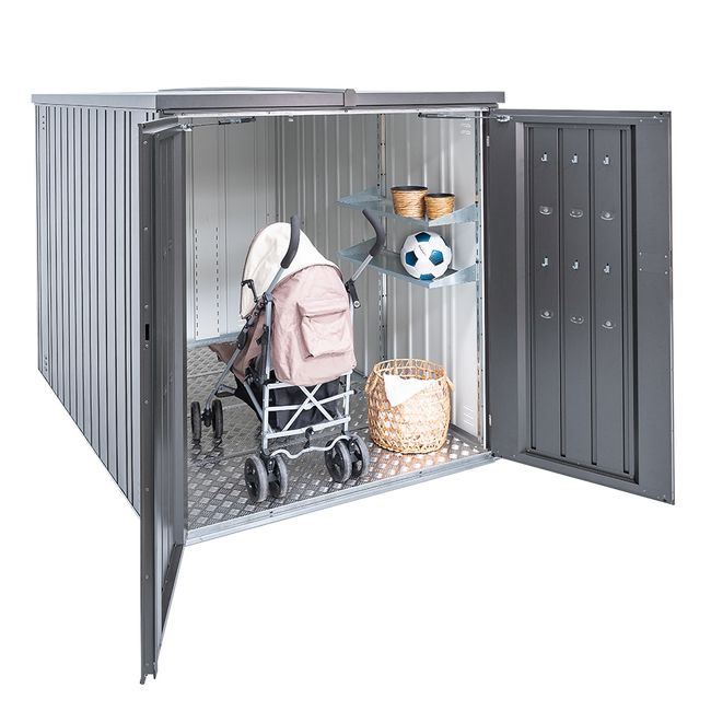 MiniGarage steel outdoor bike store in metallic dark grey finish, with added shelf set