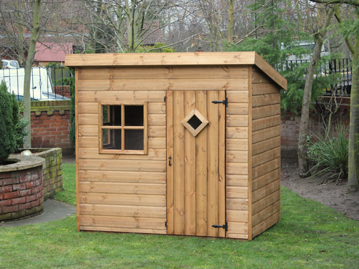 Wooden playhouse with single door, 1 front window and pent style roof. Viewed from the front. 