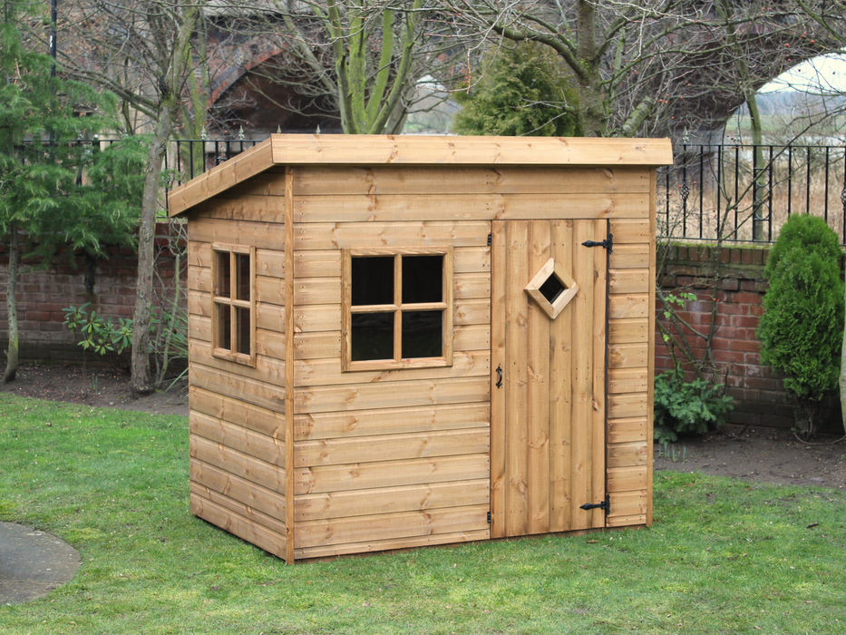 Wooden playhouse with single door, 1 front + side window, viewed from front/left side.