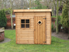 Wooden playhouse with single door + front window viewed from the front. 
