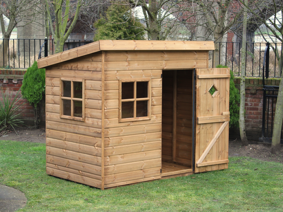 Wooden playhouse with 1 front + side window, opened single door showing interior. Viewed from the front/left side. 