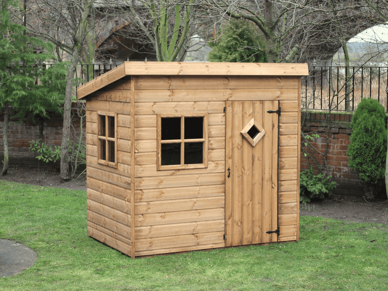 Wooden playhouse with single door, 1 front + side window, viewed from front/left side.