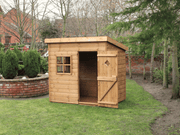 Wooden playhouse with 1 front window and opened single door showing the interior. Viewed from the front/right side. 