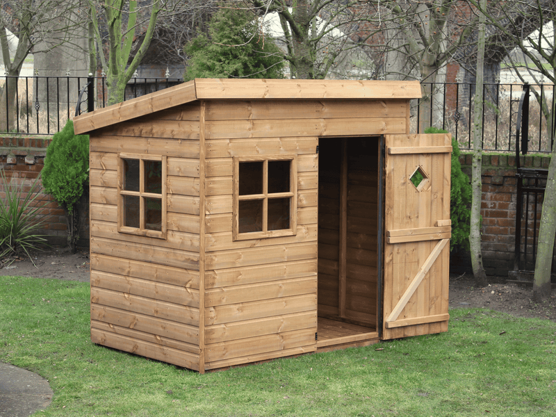 Wooden playhouse with 1 front + side window, opened single door showing interior. Viewed from the front/left side. 
