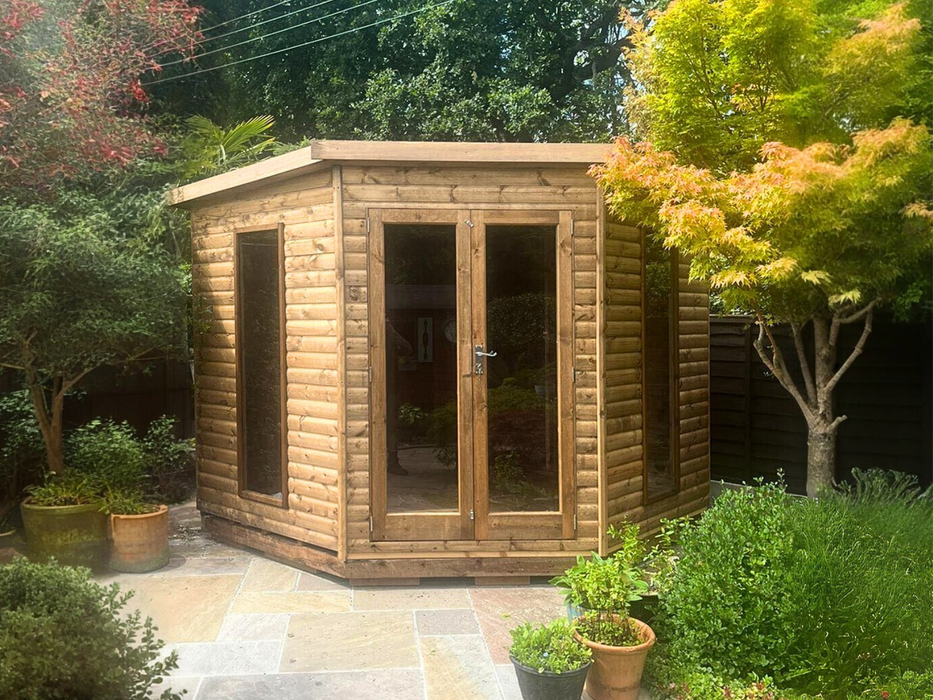 Modern Corner Summerhouse with double doors and two fixed side windows, viewed from the front