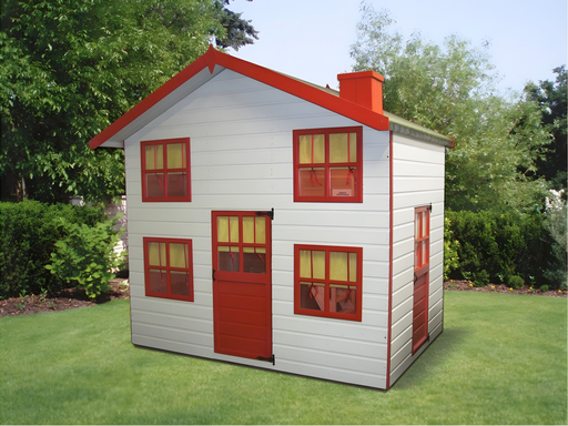 Large playhouse painted in white with red trimmings, two levels, 4 front windows, 1 front single door + 1 side single door, red chimney. Viewed from front/right side. 