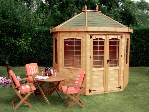 Octagonal shed with green roof tiles, windows all around, double doors. Viewed from front/left side. 