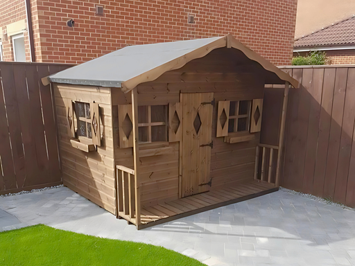 Parker's Cabin children's playhouse in a natural timber finish, viewed from the front at an angle to the left