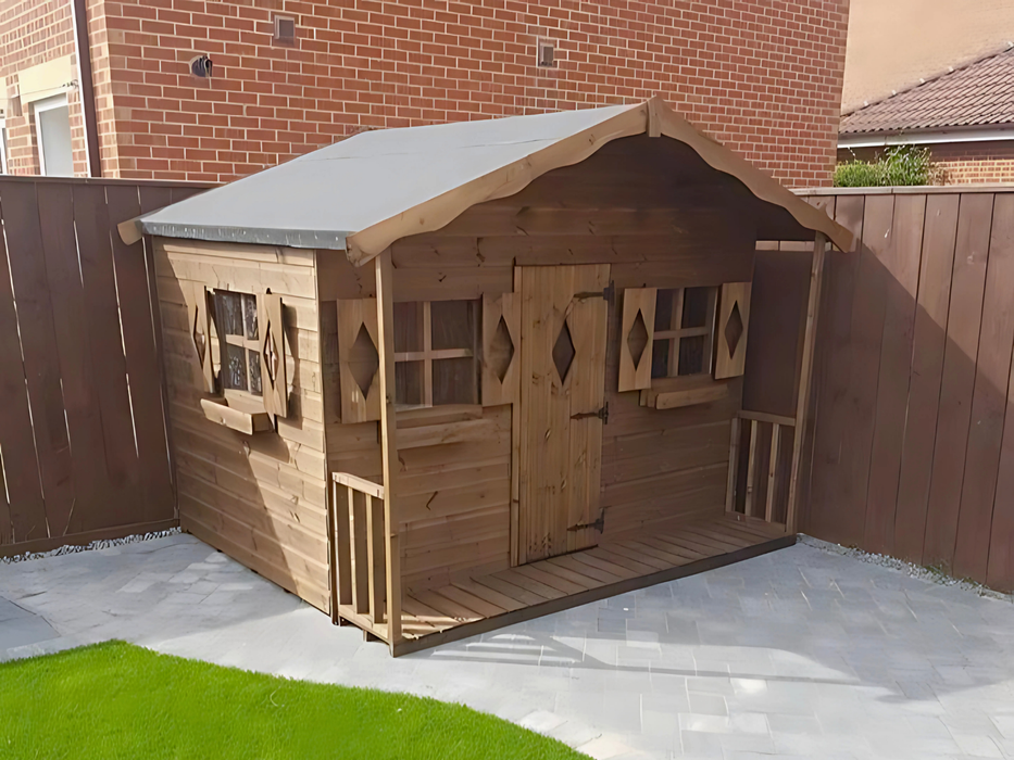 Parker's Cabin children's playhouse in a natural timber finish, viewed from the front at an angle to the left