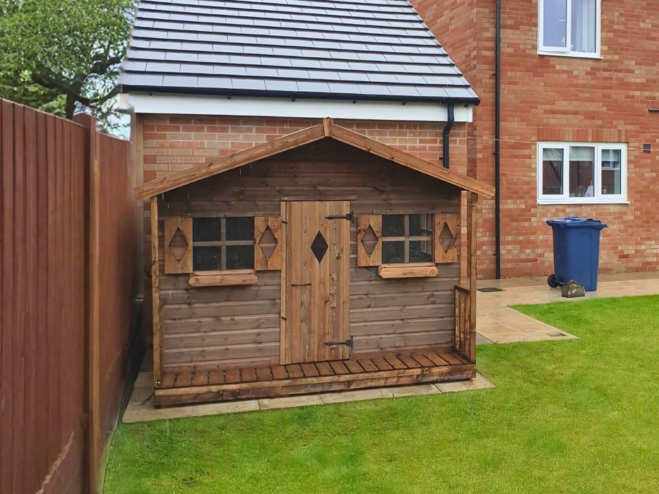 Parker's Cabin children's playhouse in a natural timber finish, viewed from the front