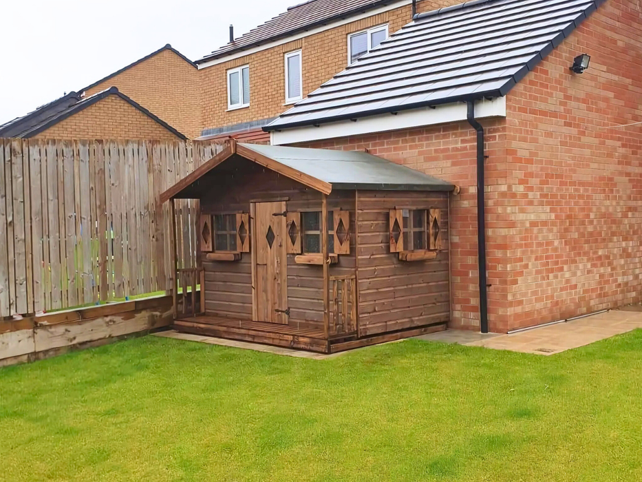 Parker's Cabin children's playhouse in a natural timber finish, viewed from the right