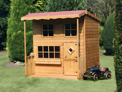 Wooden playouse with 2 levels, red roof, 3 front windows, stable single door, viewed from the the front/right side. 