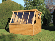 Wooden potting shed with long slanted windows, side opening window, staging under windows, viewed from front/right side. 