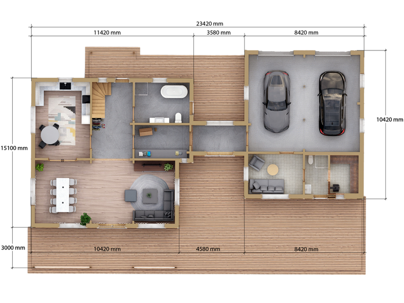 Priit two-storey residential log cabin ground floor floorplan with measurements