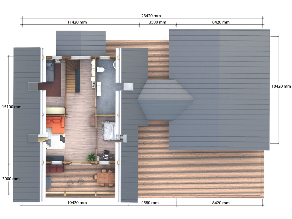 Priit two-storey residential log cabin upper floor floorplan with measurements